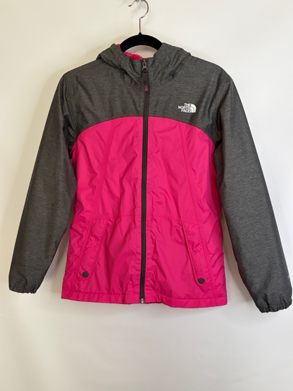 The North Face Pink and Charcoal Hooded Jacket. girls XL
